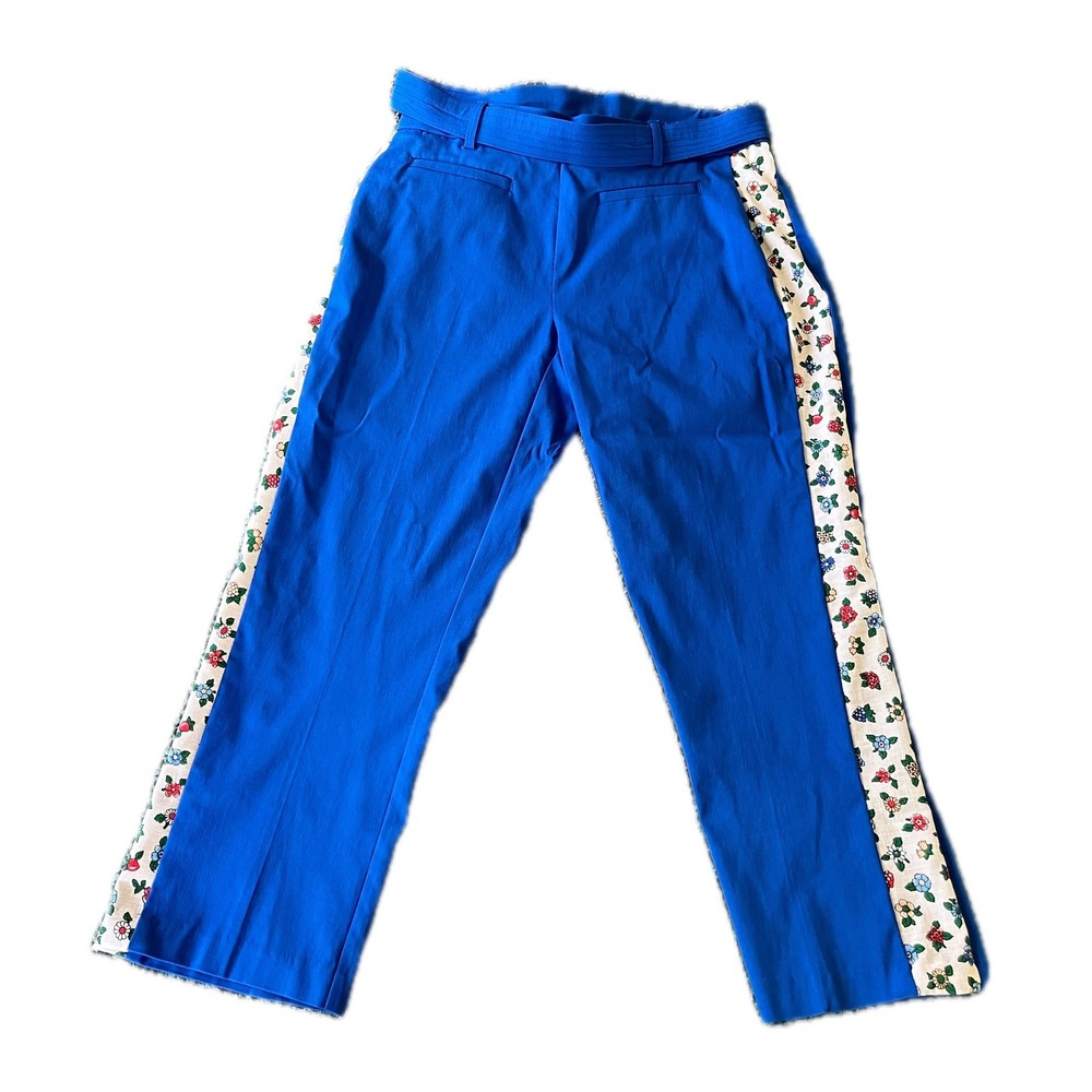 Upcycled Blue Floral Side Stripe Tie Belt Trousers Pants Wmns Small Cottagecore